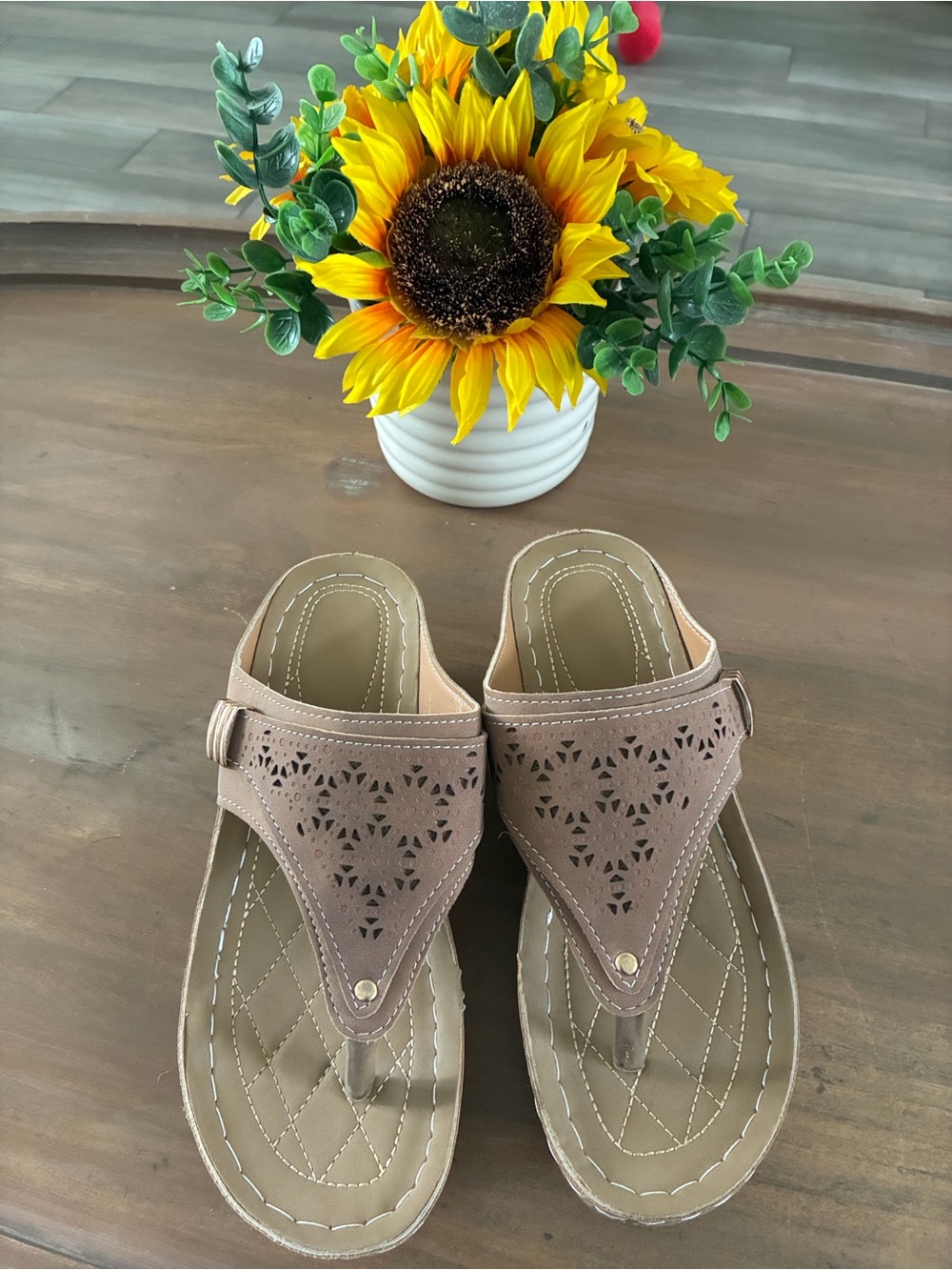 Women's Taupe Laser-Cut Thong Sandals